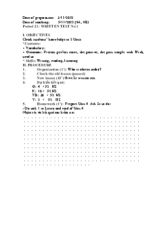 Giáo án Tiếng Anh Lớp 9 - Period 21: Written test no 1 - Năm học 2022-2023