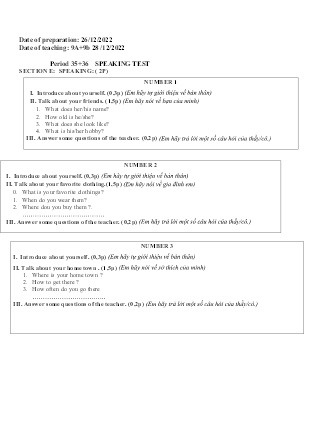 Giáo án Tiếng Anh Lớp 9 - Period 34 đến 36: Speaking test. Written test - Năm học 2022-2023 - Trường Phổ thông Dân tộc Bán trú THCS Nậm Lúc