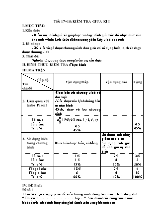 Giáo án Tin học 8 - Tiết 17+18: Kiểm tra giữa kì I