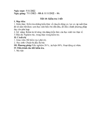 Giáo án Vật lí 8 - Tiết 10: Kiểm tra 1 tiết - Năm học 2022-2023