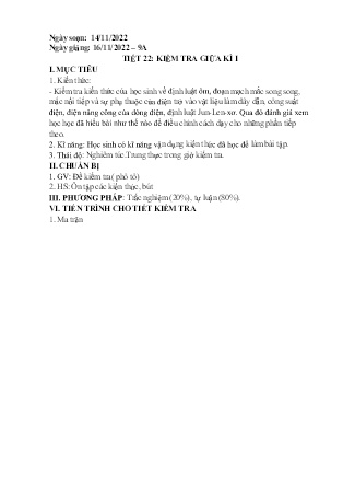Giáo án Vật lí 9 - Tiết 22: Kiểm tra giữa kì I - Năm học 2022-2023