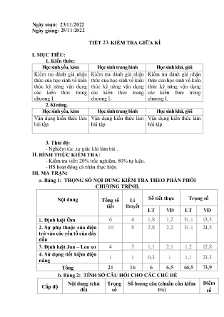 Giáo án Vật lí 9 - Tiết 23: Kiểm tra giữa kì - Năm học 2022-2023