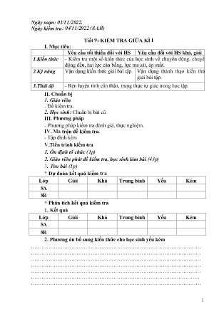 Giáo án Vật lí Lớp 8 - Tiết 9: Kiểm tra giữa kì I - Năm học 2022-2023 - Trường PTDTBT TH&THCS Bản Liền
